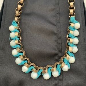 Vintage Anthropologie brass and faux pearl with turquoise ribbon necklace